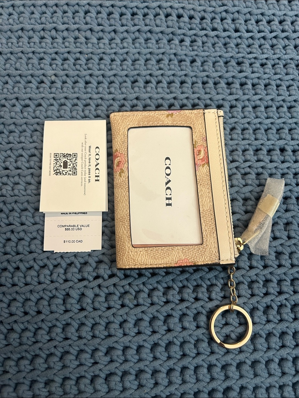 COACH Tan Floral Leather ID Card Key Holder with Gold Ring